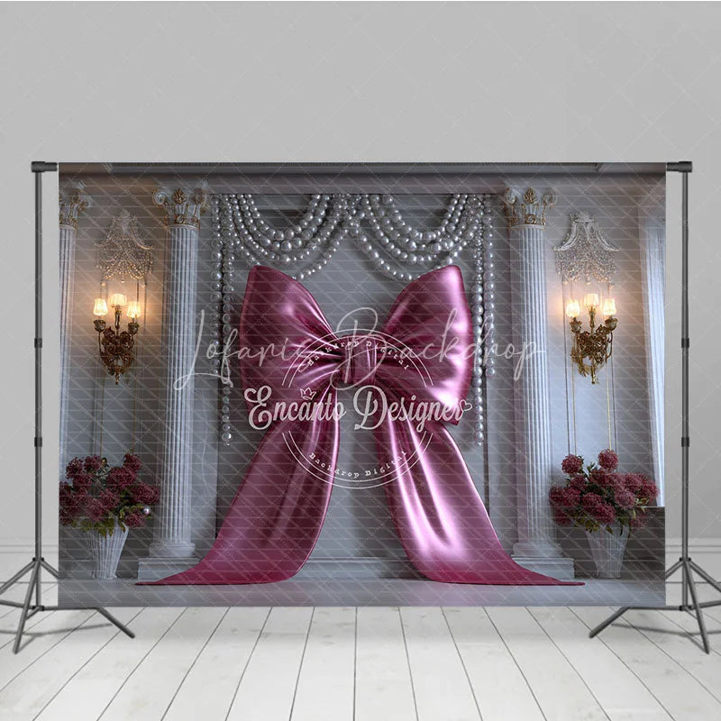 Lofaris Elegant Pink Bow and Pearl Garlands Photography Backdrop Classic Columns for Royal Celebration Decor