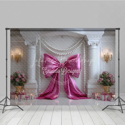Lofaris Elegant Pink Bow and Pearl Garlands Photography Backdrop White Column Romantic Birthday Party Decor