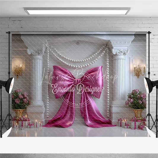 Lofaris Elegant Pink Bow and Pearl Garlands Photography Backdrop White Column Romantic Birthday Party Decor