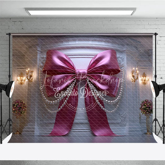 Lofaris Elegant Pink Bow and Pearl Photography Backdrop Luxurious White Wall Decor for Birthday Party Baby Shower