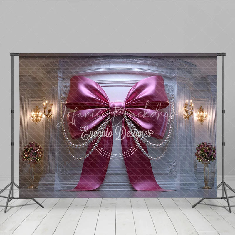 Lofaris Elegant Pink Bow and Pearl Photography Backdrop Luxurious White Wall Decor for Birthday Party Baby Shower