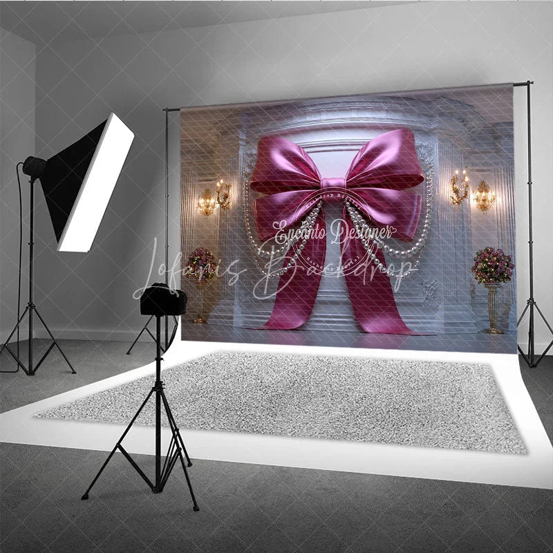 Lofaris Elegant Pink Bow and Pearl Photography Backdrop Luxurious White Wall Decor for Birthday Party Baby Shower