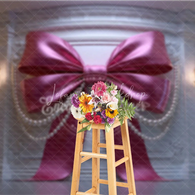 Lofaris Elegant Pink Bow and Pearl Photography Backdrop Luxurious White Wall Decor for Birthday Party Baby Shower