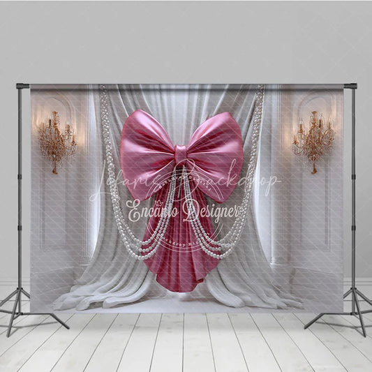 Lofaris Elegant Pink Bow and Pearl Photography Backdrop White Drapes with Gold Chandeliers for Luxurious Celebrations