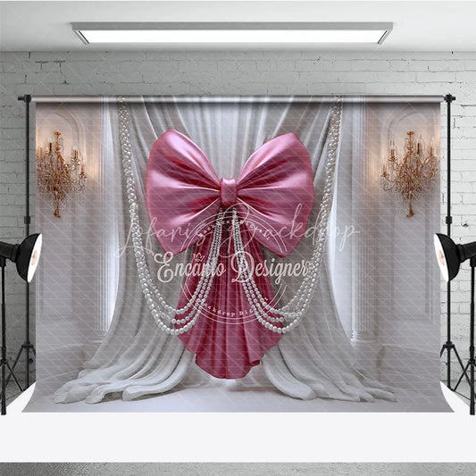 Lofaris Elegant Pink Bow and Pearl Photography Backdrop White Drapes with Gold Chandeliers for Luxurious Celebrations