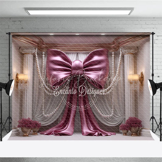 Lofaris Elegant Pink Bow with Pearl Strings Photography Backdrop Luxury Wedding and Party Decor