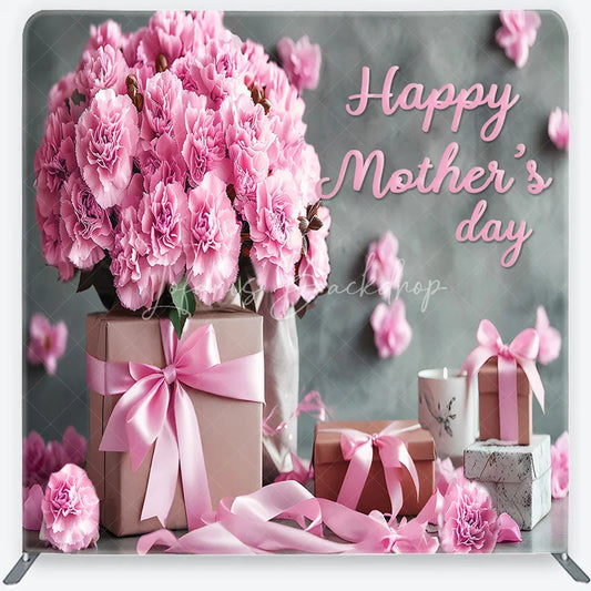 Lofaris Elegant Pink Carnations and Gift Boxes Square Double-Sided Backdrop Happy Mother’s Day Celebration Decor