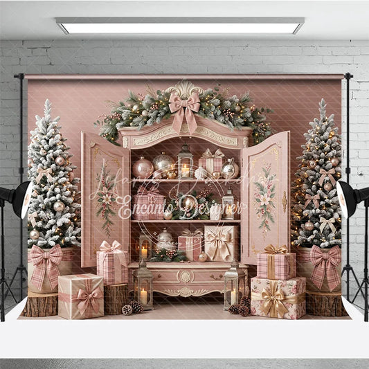 Lofaris Elegant Pink Christmas Holiday Backdrop with Vintage Armoire Flocked Trees and Wrapped Gifts Decor