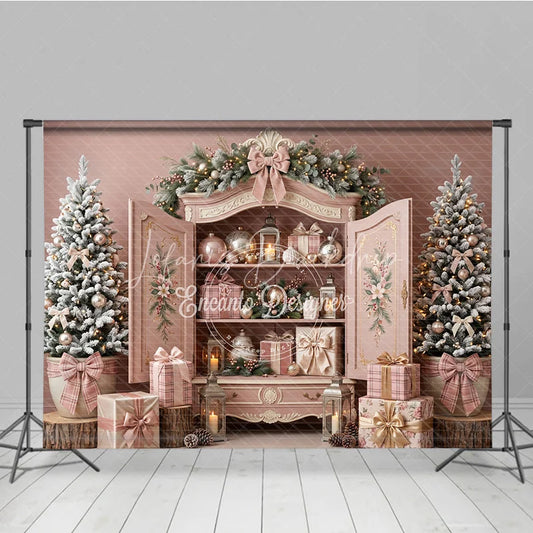 Lofaris Elegant Pink Christmas Holiday Backdrop with Vintage Armoire Flocked Trees and Wrapped Gifts Decor