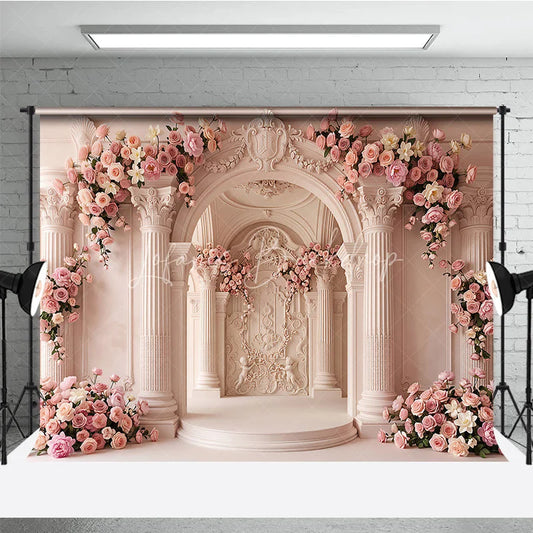 Lofaris Elegant Pink Floral Archway and Classical Columns Photography Backdrop Romantic Wedding Baby Shower Decor
