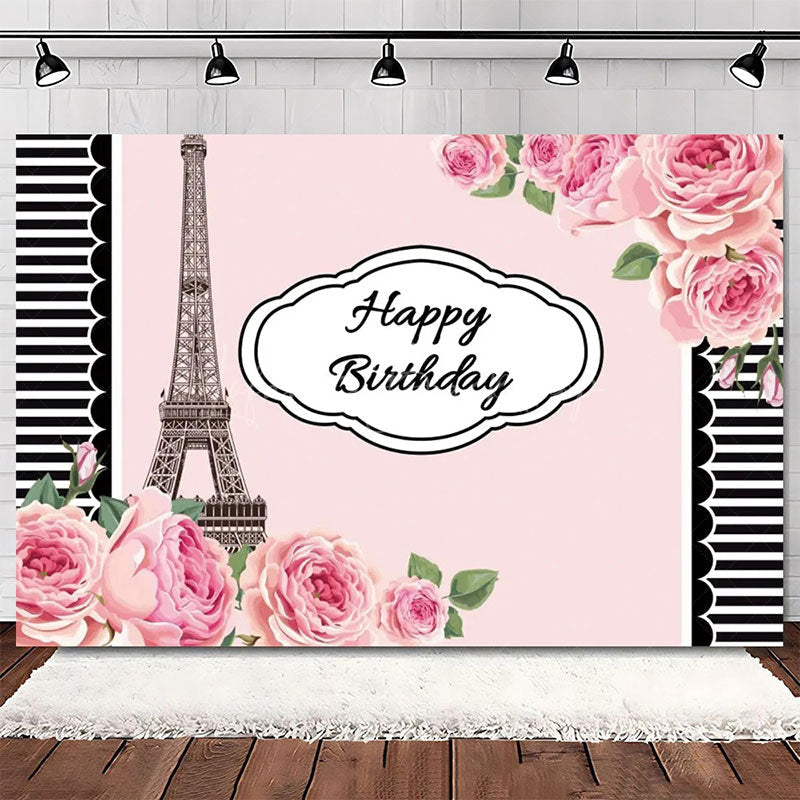 Lofaris Elegant Pink Floral Eiffel Tower Happy Birthday Backdrop Perfect Party Decoration for Women