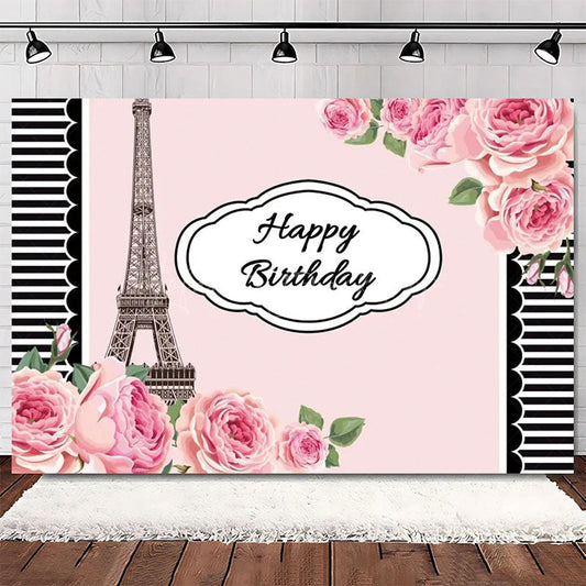 Lofaris Elegant Pink Floral Eiffel Tower Happy Birthday Backdrop Perfect Party Decoration for Women