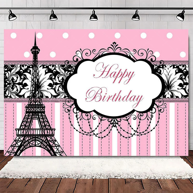 Lofaris Elegant Pink Floral Eiffel Tower Happy Birthday Backdrop Perfect Party Decoration for Women