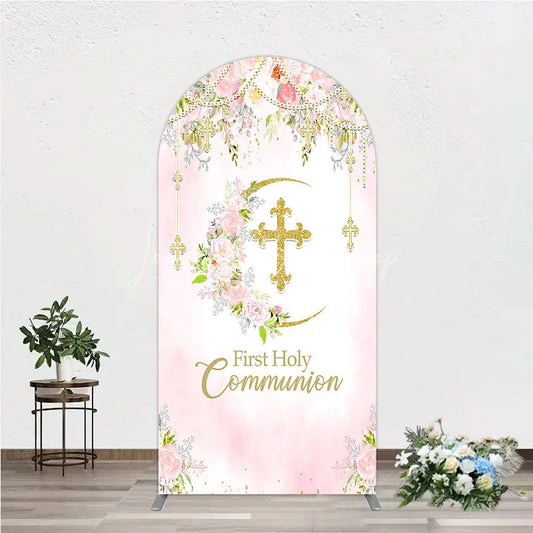 Lofaris Elegant Pink Floral First Holy Communion Round Top Arch Backdrop with Gold Cross Religious Party Decor