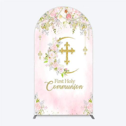 Lofaris Elegant Pink Floral First Holy Communion Round Top Arch Backdrop with Gold Cross Religious Party Decor