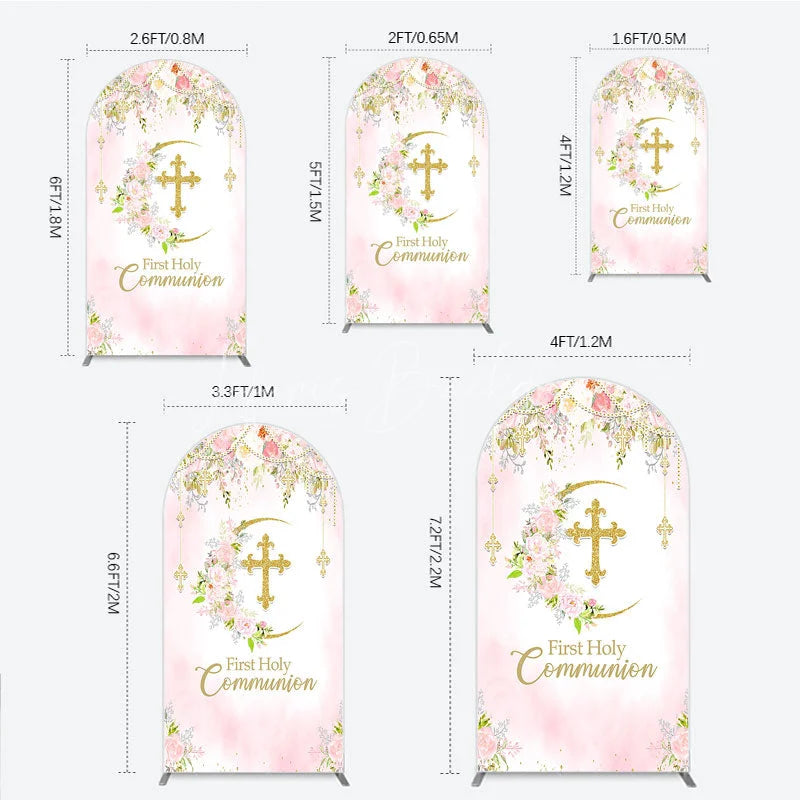 Lofaris Elegant Pink Floral First Holy Communion Round Top Arch Backdrop with Gold Cross Religious Party Decor