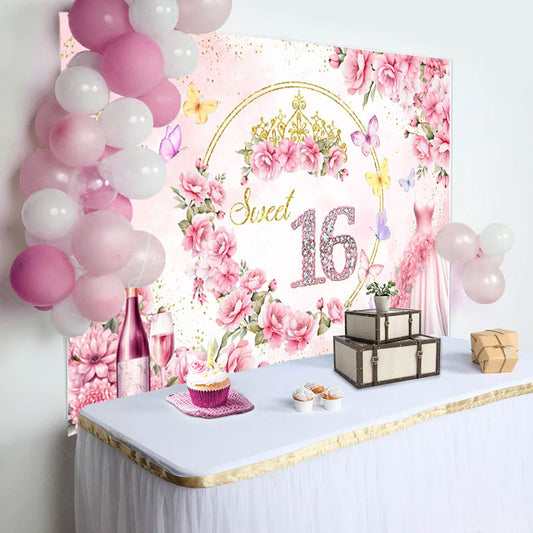 Lofaris Elegant Pink Flower Dress Sweet 16 Birthday Backdrop