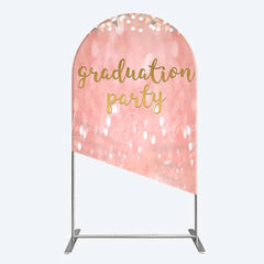 Lofaris Elegant Pink Glitter Graduation Party Arch Backdrop with Gold Balloons String Lights and Banners