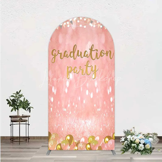 Lofaris Elegant Pink Glitter Graduation Party Arch Backdrop with Gold Balloons String Lights and Banners