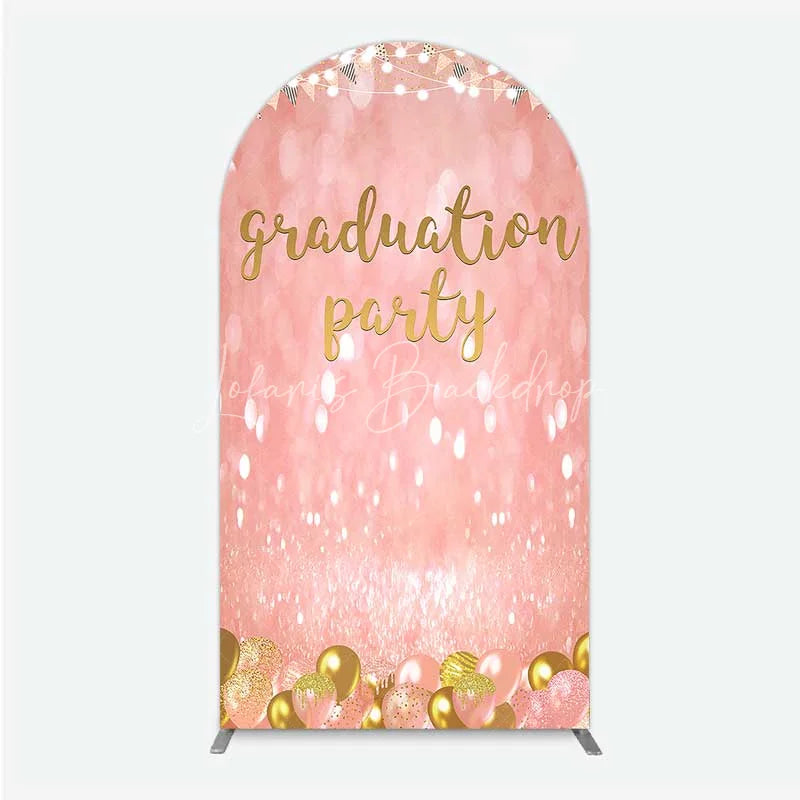 Lofaris Elegant Pink Glitter Graduation Party Arch Backdrop with Gold Balloons String Lights and Banners