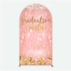 Lofaris Elegant Pink Glitter Graduation Party Arch Backdrop with Gold Balloons String Lights and Banners