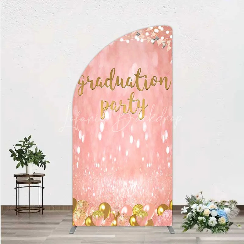 Lofaris Elegant Pink Glitter Graduation Party Half Moon Arch Backdrop with Gold Balloons String Lights and Banners