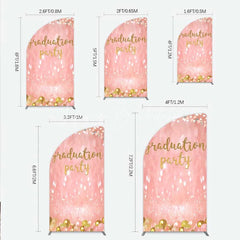 Lofaris Elegant Pink Glitter Graduation Party Half Moon Arch Backdrop with Gold Balloons String Lights and Banners