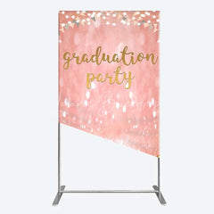 Lofaris Elegant Pink Glitter Graduation Party Rectangle Backdrop with Gold Balloons String Lights and Banners