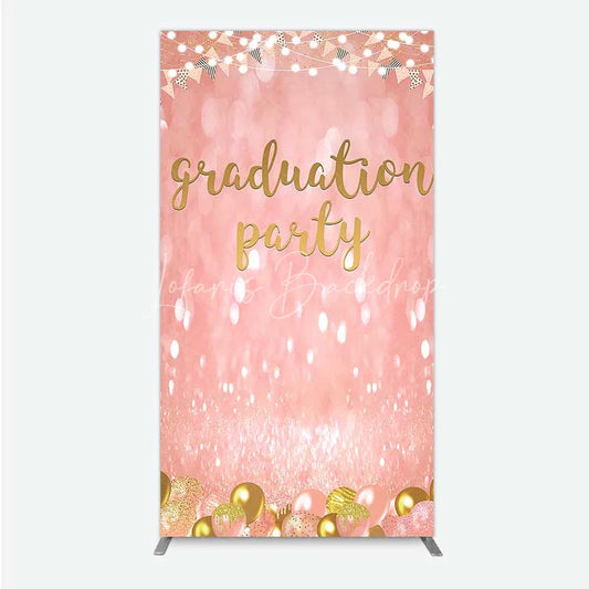 Lofaris Elegant Pink Glitter Graduation Party Rectangle Backdrop with Gold Balloons String Lights and Banners