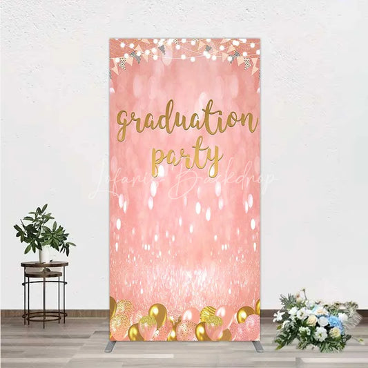 Lofaris Elegant Pink Glitter Graduation Party Rectangle Backdrop with Gold Balloons String Lights and Banners