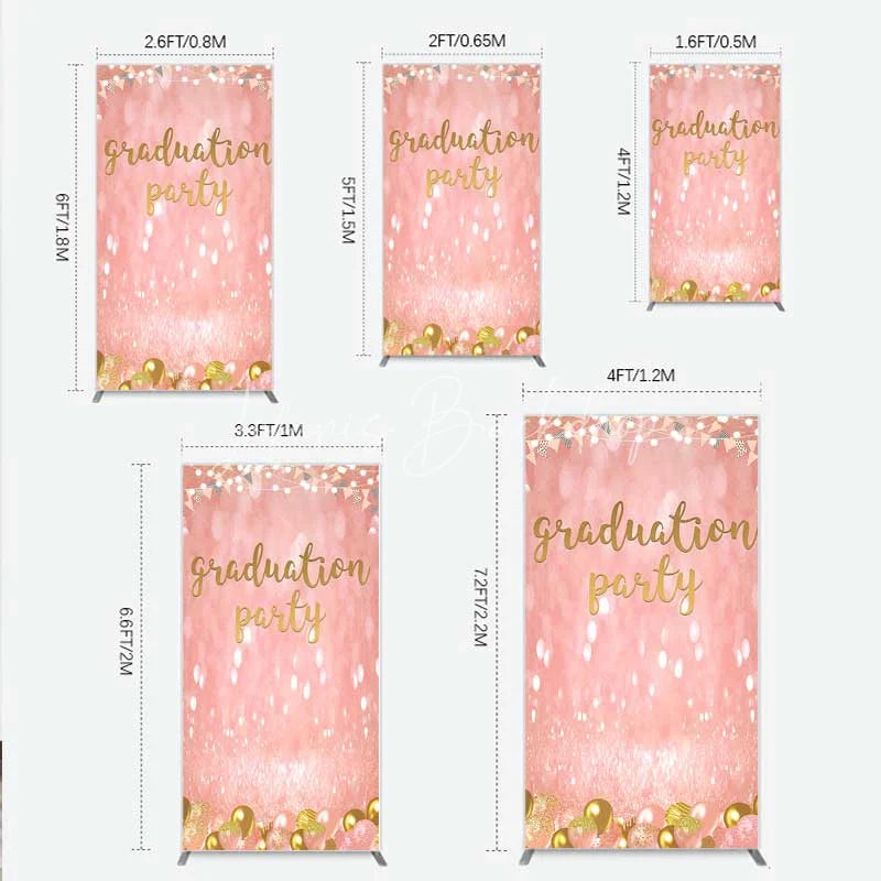 Lofaris Elegant Pink Glitter Graduation Party Rectangle Backdrop with Gold Balloons String Lights and Banners
