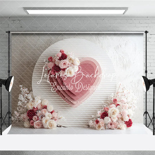 Lofaris Elegant Pink Layered Heart and Floral Round Photography Backdrop Romantic Valentine’s Day Wedding Decor