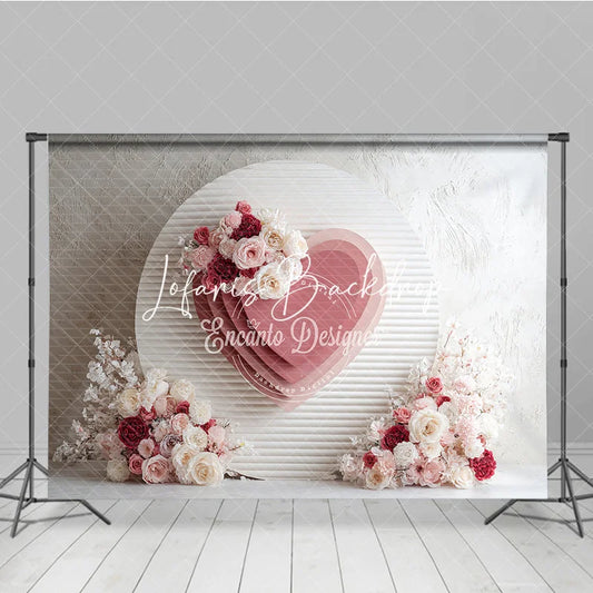 Lofaris Elegant Pink Layered Heart and Floral Round Photography Backdrop Romantic Valentine’s Day Wedding Decor