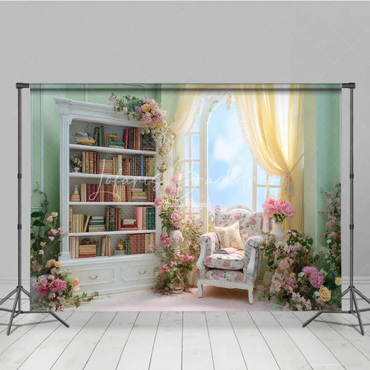 Lofaris Elegant Pink Library Photography Backdrop Bookshelf with Floral Arch Fairytale Wedding Photo Background