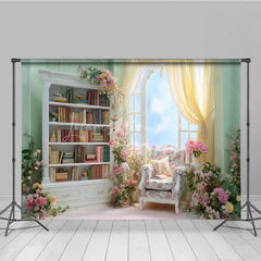 Lofaris Elegant Pink Library Photography Backdrop Bookshelf with Floral Arch Fairytale Wedding Photo Background
