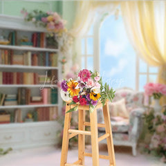 Lofaris Elegant Pink Library Photography Backdrop Bookshelf with Floral Arch Fairytale Wedding Photo Background