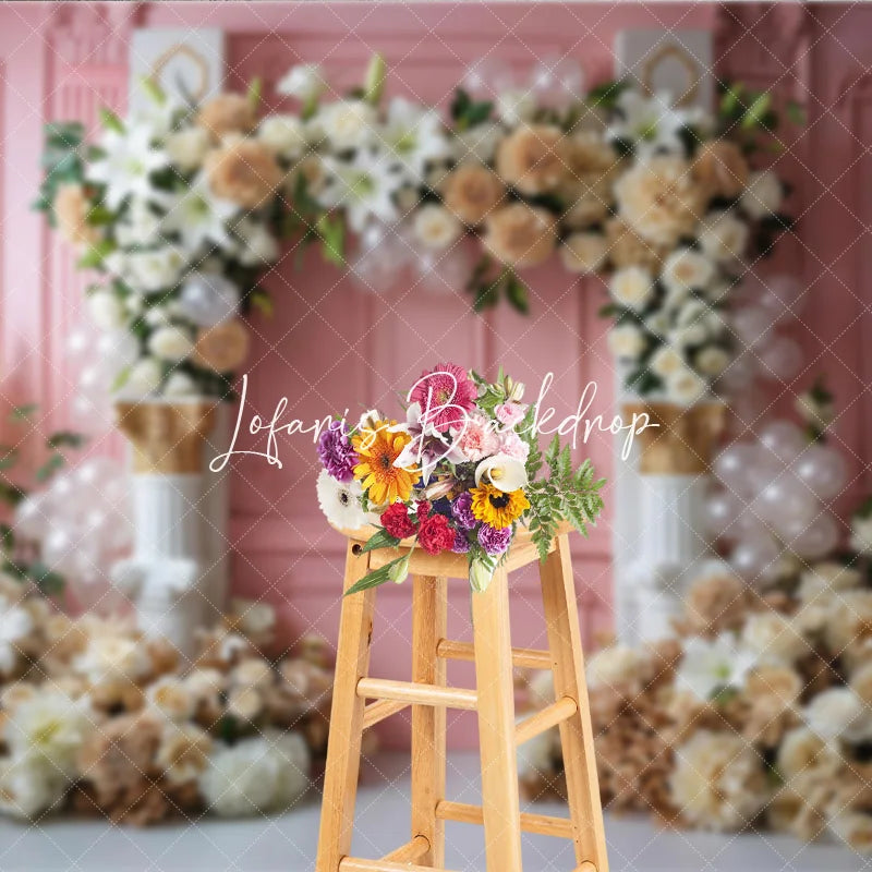 Lofaris Elegant Pink Paneled Wall Photography Backdrop with Lilies Cream Roses and Beige Dahlias Floral Arch Classical Columns