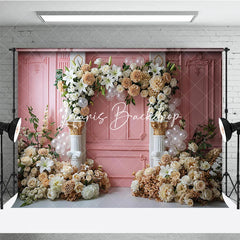Lofaris Elegant Pink Paneled Wall Photography Backdrop with Lilies Cream Roses and Beige Dahlias Floral Arch Classical Columns