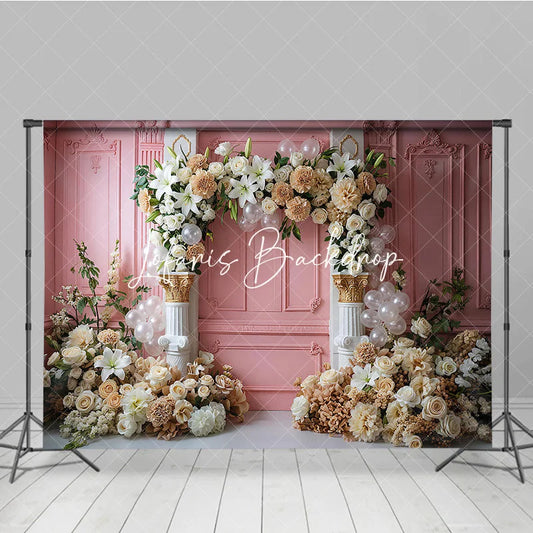 Lofaris Elegant Pink Paneled Wall Photography Backdrop with Lilies Cream Roses and Beige Dahlias Floral Arch Classical Columns