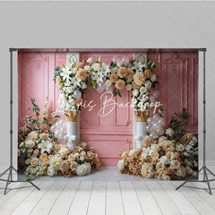 Lofaris Elegant Pink Paneled Wall Photography Backdrop with Lilies Cream Roses and Beige Dahlias Floral Arch Classical Columns