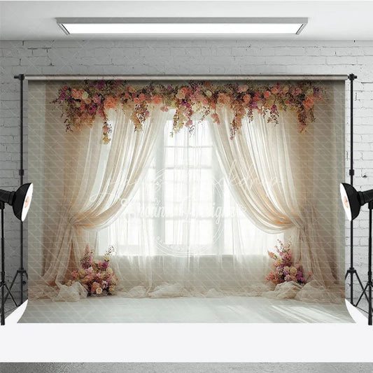 Lofaris Elegant Pink Peach Floral Window Photography Backdrop with Sheer Curtains Romantic Portrait Wedding Decor