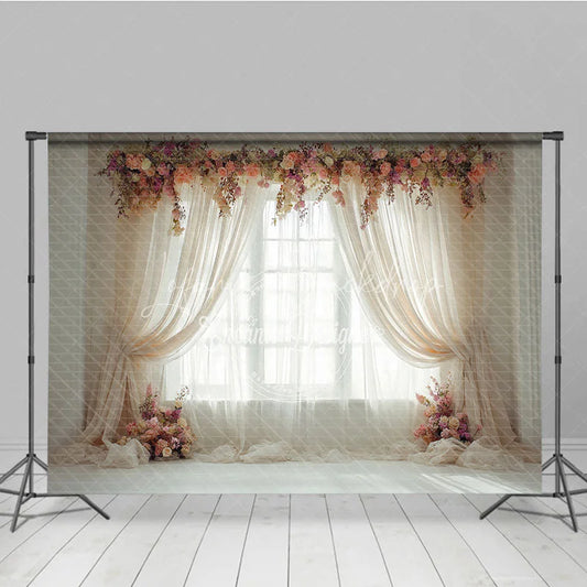 Lofaris Elegant Pink Peach Floral Window Photography Backdrop with Sheer Curtains Romantic Portrait Wedding Decor