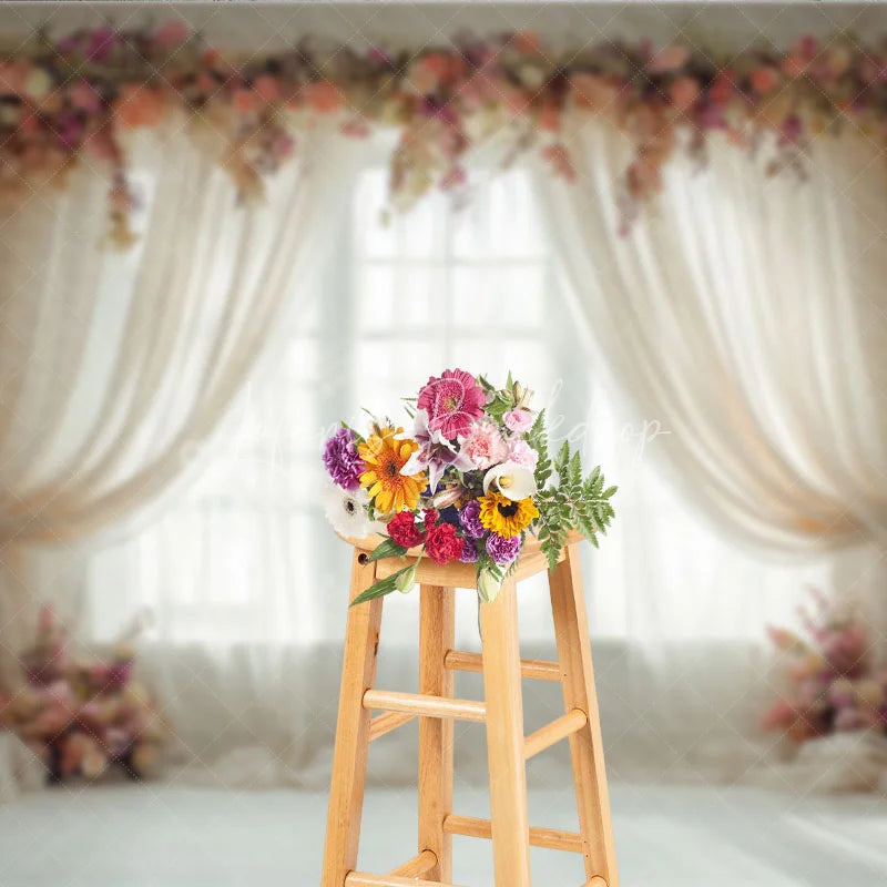 Lofaris Elegant Pink Peach Floral Window Photography Backdrop with Sheer Curtains Romantic Portrait Wedding Decor