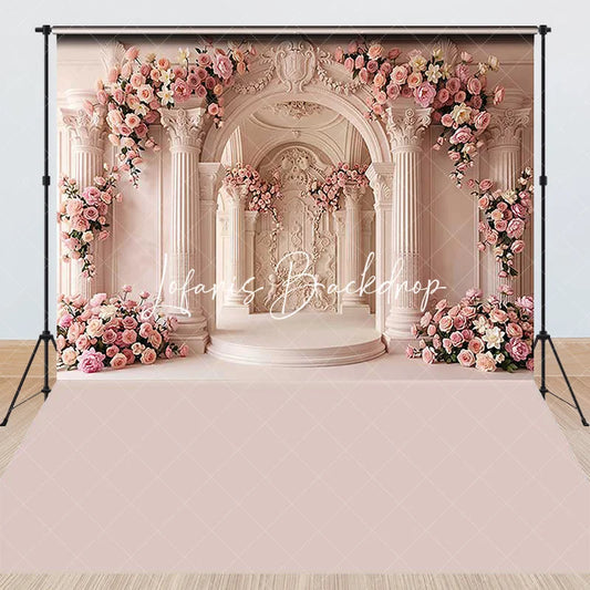 Lofaris Elegant Pink Rose Floral Arch Column Palace Combo Set Backdrop Romantic Wedding Bridal Shower Photography