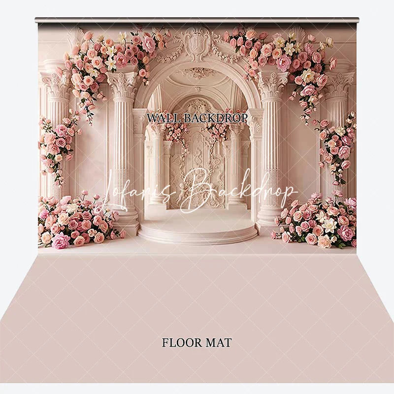Lofaris Elegant Pink Rose Floral Arch Column Palace Combo Set Backdrop Romantic Wedding Bridal Shower Photography