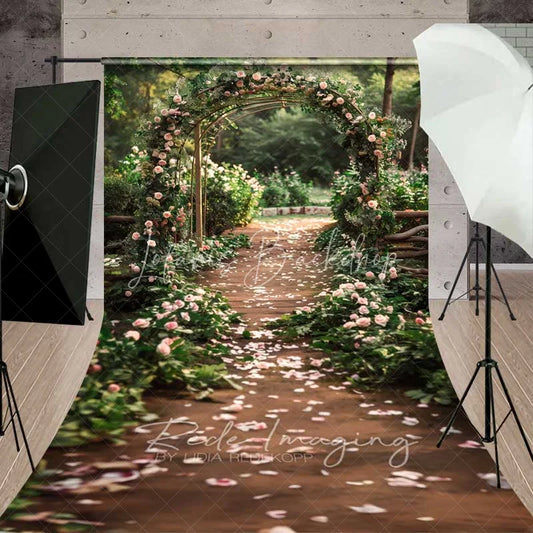 Lofaris Elegant Pink Rose Floral Arch Wedding Aisle Backdrop Romantic Garden Ceremony Photography
