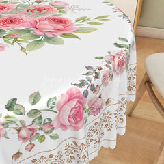 Lofaris Elegant Pink Rose Floral Round Tablecloth with Lace Border for Wedding Bridal Shower or Shabby Chic Decor