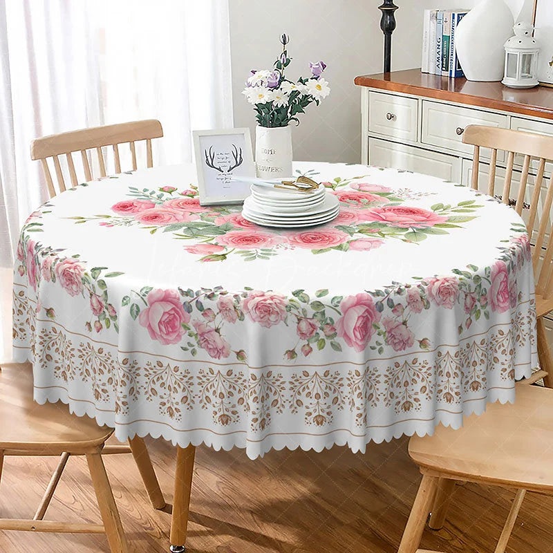Lofaris Elegant Pink Rose Floral Round Tablecloth with Lace Border for Wedding Bridal Shower or Shabby Chic Decor