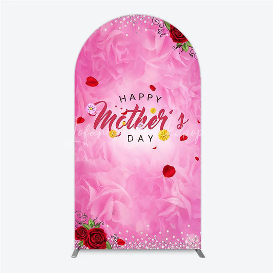 Lofaris Elegant Pink Rose Happy Mother’s Day Round Top Arch Backdrop Floral Pearl and Glitter Decor