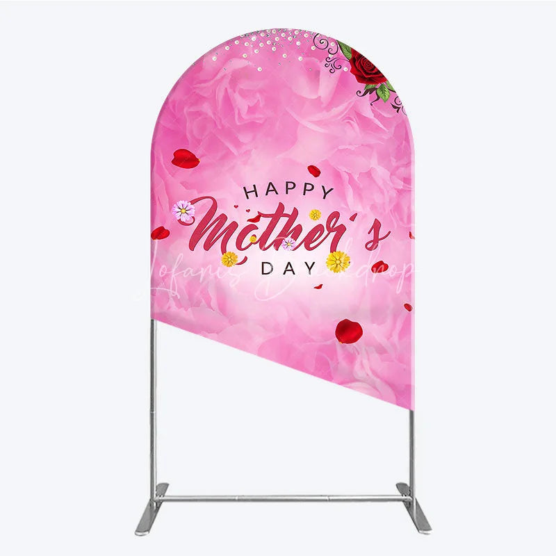 Lofaris Elegant Pink Rose Happy Mother’s Day Round Top Arch Backdrop Floral Pearl and Glitter Decor